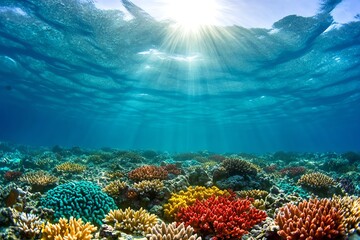 Fototapeta premium A coral-covered seafloor, with bright hues of blue, red, and yellow blending to create a stunning underwater tapestry