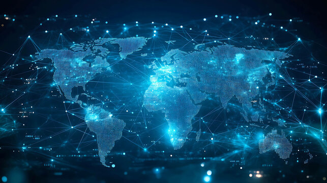 World map with connections, glowing blue.