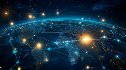 A glowing globe with lines connecting the world, representing global connectivity.