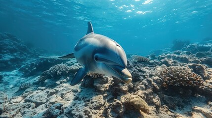 Wild bottlenose dolphin swimming just below the blue sea surface in crystal-clear water. Ideal for marine wildlife, underwater photography, ocean life, and aquatic-themed visuals