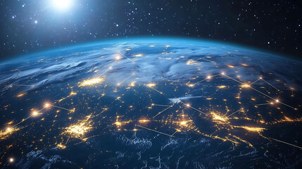 Earth at night with glowing lines connecting cities, representing global network.