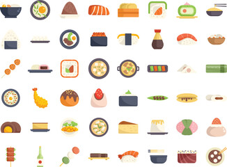 Variety of japanese cuisine and dishes are presented as colorful icons in a flat design