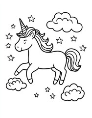 Fototapeta premium A simple coloring book page for children, featuring a cute little unicorn with clouds and stars in the background.