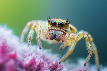 Macro Photography of Jumping Spider with Big Eyes on Pink Flower
