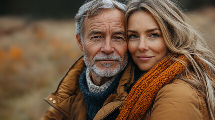 Fototapeta premium A couple in their 50s or 60s look lovingly into the camera.