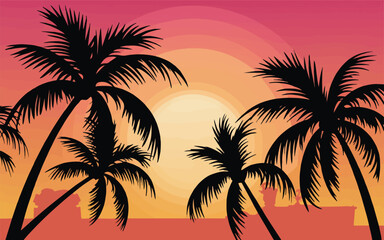 Palm Tree Silhouettes with Sunrise Vector