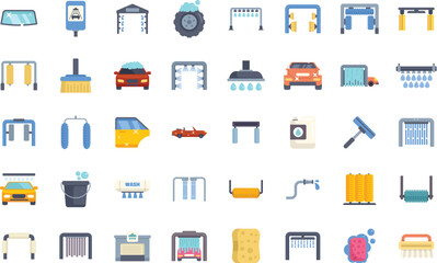 This set of car wash icons represents the process of cleaning and maintaining vehicles with soap and water
