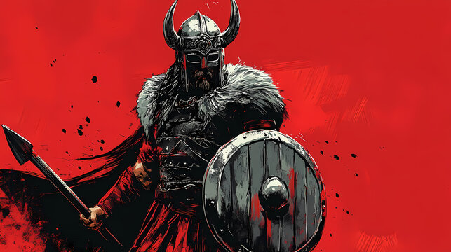 Viking warrior graphic with red background. Norse Mythology. Illustration