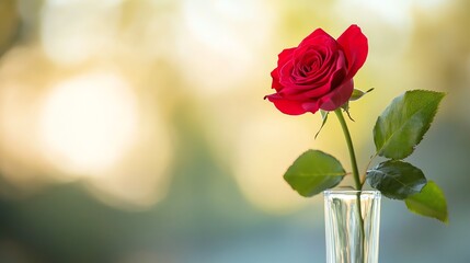 Obraz premium Single red rose in a glass vase against a blurry background.