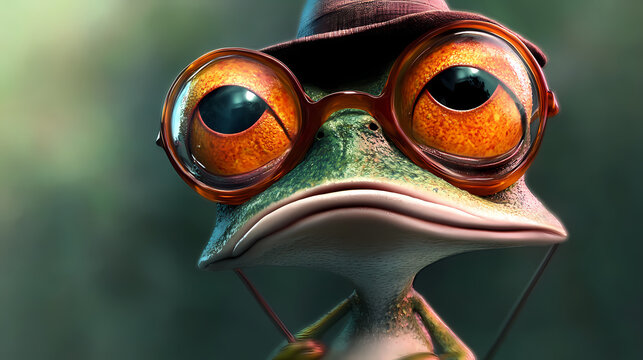 Wallpaper representing a caricature of a ridiculous frog portrait with glasses and a hat. Caricature. Illustration