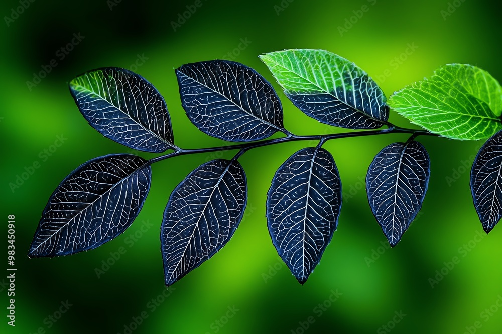 Poster close-up of a black and fresh silkweed branch, with intricate leaf patterns highlighted by natural l