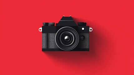 Fototapeta premium A black camera against a red background with a shadow below it.