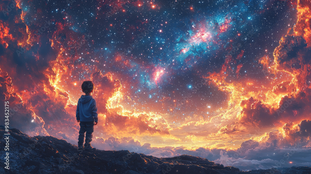 Sticker a young boy stands on a rocky cliff, looking up at a stunning night sky filled with stars and nebula