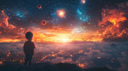 Obraz premium A young boy gazes up at the starry sky, lost in wonder.