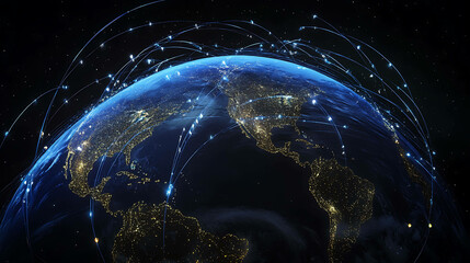 Obraz premium A digital rendering of the earth with glowing blue lines connecting cities around the globe.