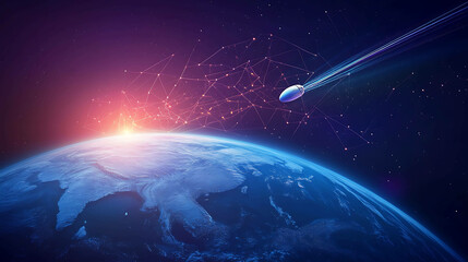 Fototapeta premium A satellite orbits Earth, connecting to a network of glowing lines in space.