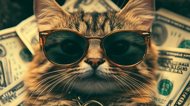 A cool cat wearing sunglasses surrounded by money, exuding a playful, wealthy vibe.