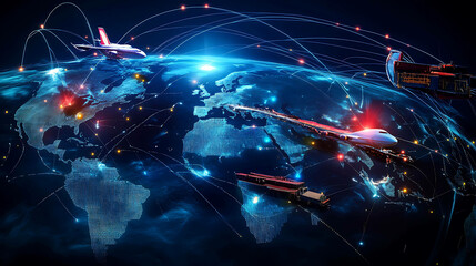 Obraz premium A digital world map with airplanes, cargo ships, and glowing lines connecting cities.