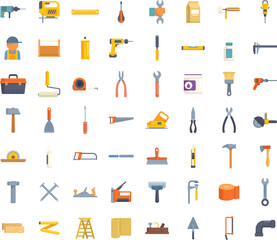 Large set of colorful icons depicting various tools for construction and repair work