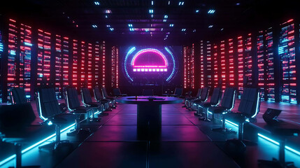 A futuristic conference room with glowing lights and neon accents.