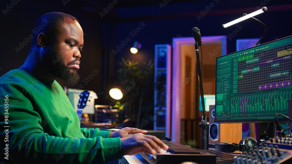 Poster Creative songwriter recording new tracks with microphone and midi controller, playing piano notes in home studio. Skilled musician composing music with electronic keyboard and stereo gear. Camera B.