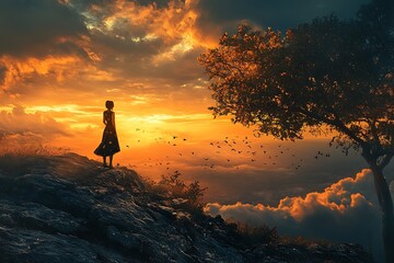 Obraz premium Silhouette of woman in a dress watching sunset on a cliff with birds flying and a tree