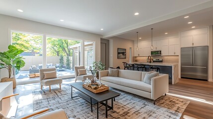 Fototapeta premium A modern living room with a white sofa, coffee table and two chairs.