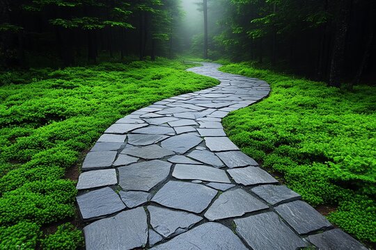 Grey stone pathway winding through a foggy forest