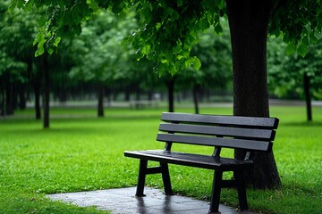 Grey urban park bench, sitting empty under a tall tree as light rain begins to fall