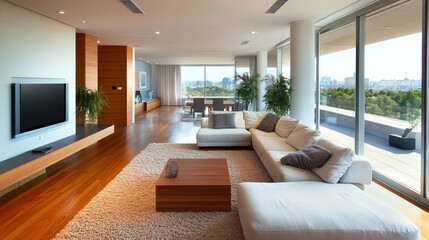 Fototapeta premium Modern living room with large windows, a sectional sofa, and a view of the city.