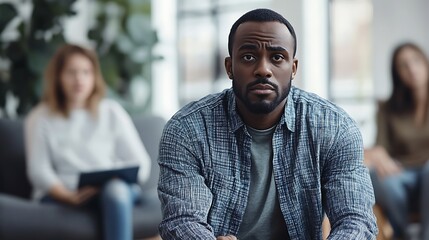 A focused man in a casual setting with blurred figures in the background, conveying contemplation.