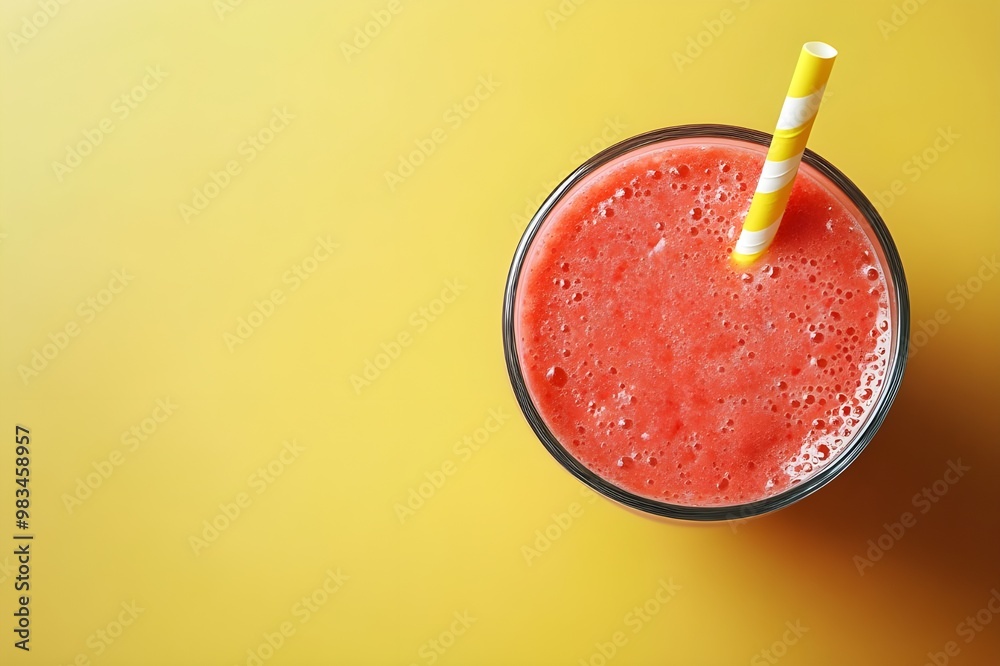 Wall mural a vibrant smoothie in a glass with a straw, yellow background