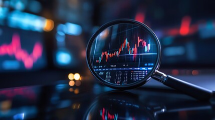 A close-up of a magnifying glass focusing on a stock market chart, showcasing data analysis and financial insights.