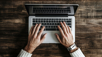 Fototapeta premium Close-up overhead view of hands typing on laptop keyboard.