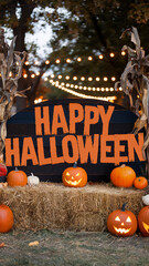 Rustic Happy Halloween Display with Pumpkins and Festive Lights Outdoors