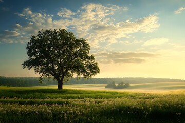 Fototapeta premium Lonely tree in a field at sunrise, peaceful nature scene