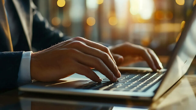Close-up shot of a businessman's hands typing on a laptop in a cafe.