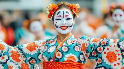 People wearing Halloween costumes performing the Bon Odori dance focus on - Playful spirits merging with tradition - dynamic - Multilayer - Festival ground backdrop