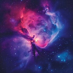 Naklejka premium Vivid Pink and Purple Nebula Clouds With Bright Glowing Center, Space Exploration Background