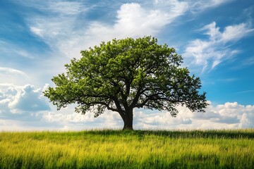 Obraz premium Single tree in a field with blue sky and white clouds, nature landscape