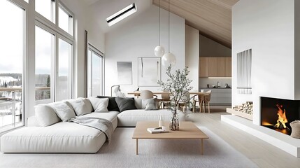 Modern living room with large windows, cozy furniture, and a warm fireplace.