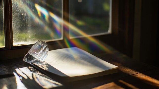 risma de cristal sobre una mesa junto a una ventana, proyectando arco&iacute;ris de colores, iluminada por la luz natural, creando un ambiente art&iacute;stico y m&aacute;gico.
