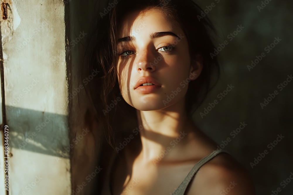 Sticker Young Woman with Pensive Expression and Soft Light