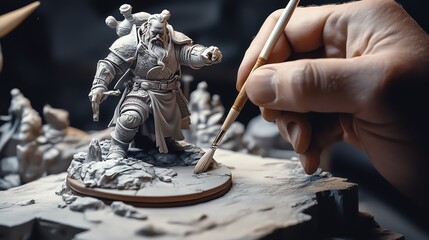 A skilled artisan meticulously painting a detailed miniature figure in a creative workspace, showcasing artistry and craftsmanship.