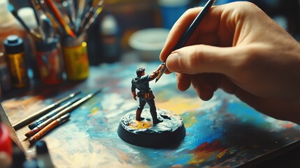 Obraz premium A skilled artist hand paints a miniature figure with a fine brush, surrounded by vibrant colors and creative tools.
