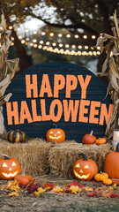 Rustic Happy Halloween Display with Pumpkins and Festive Lights Outdoors