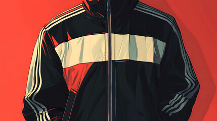 Closeup of a black and white tracksuit jacket with a red background.