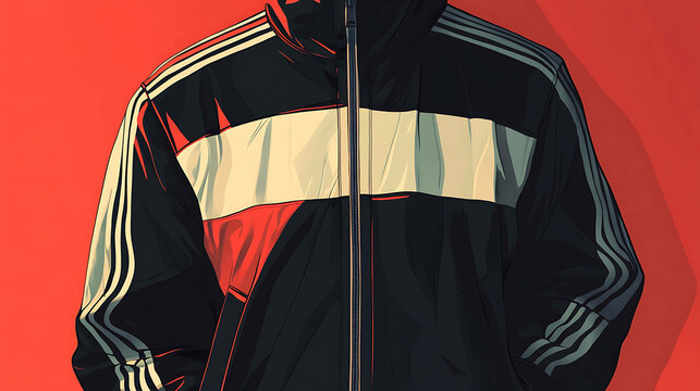 Closeup of a black and white tracksuit jacket with a red background.