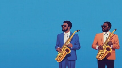 Naklejka premium Jazz musicians on stage, dynamic saxophone performance, vector illustration