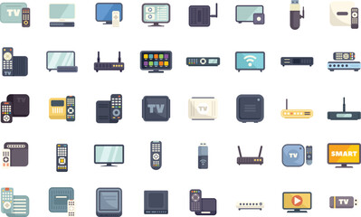 This vector illustration set includes the concepts of watching tv, home entertainment and streaming devices